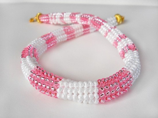 Pink & White Striped Beadwoven Necklace