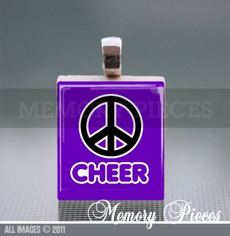 Peace Cheer Purple Scrabble Tile Pendant with Shiny Silver Ball Chain
