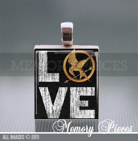 Hunger Games "LOVE" Scrabble Tile Pendant with Shiny Silver Ball Chain