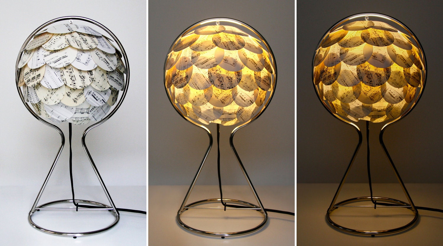Sheet Music Table Light with Metal Stand - Paper Shingles Covered Artichoke Lantern Light