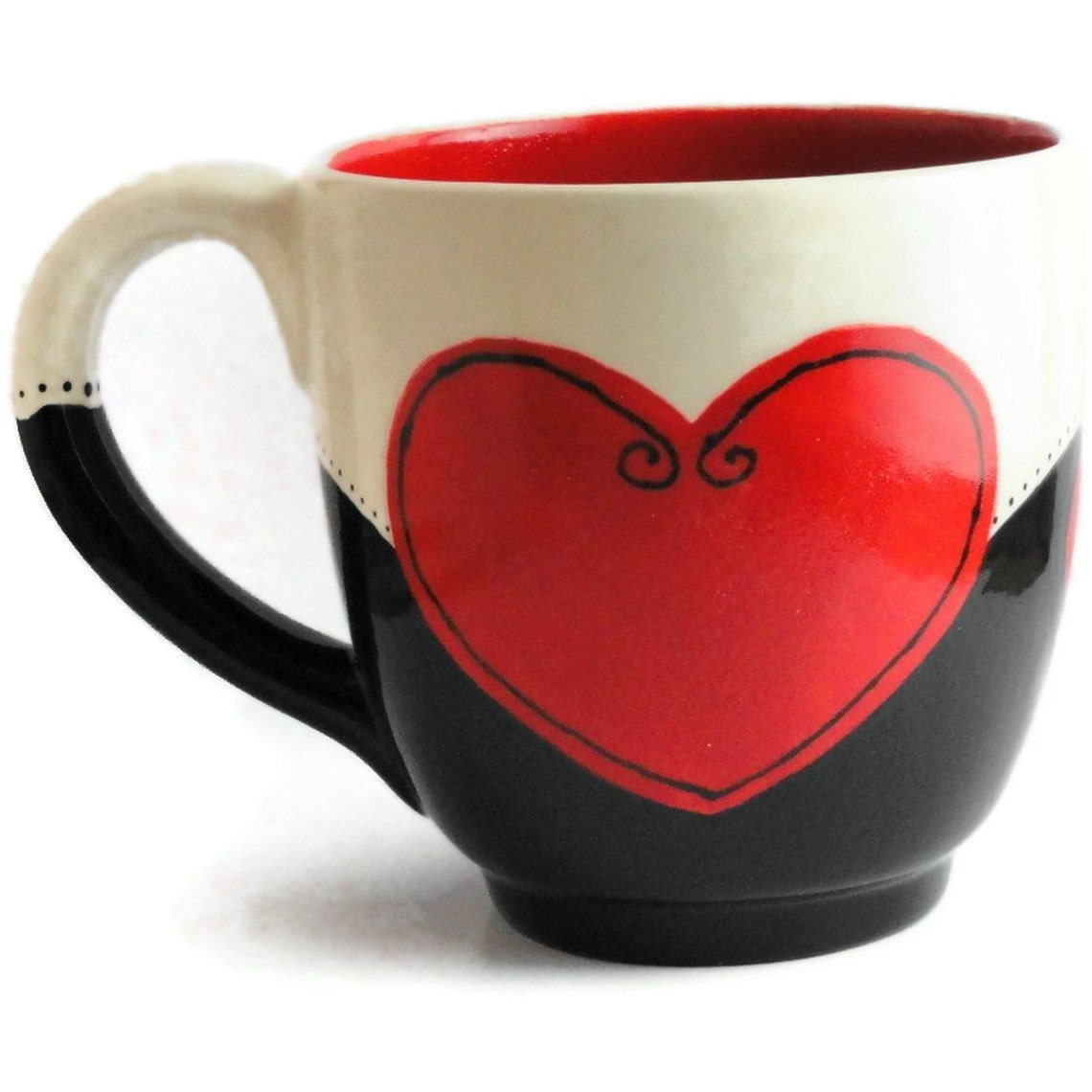 Ceramic Coffee Cup in Black and White with Red Heart