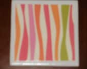 Pink, Green and Orange Wavey Stripe Tile Coasters...For Drinks or Candles...Set of 4