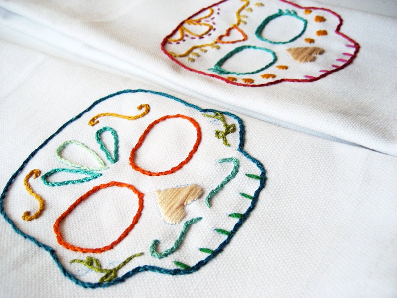 Day of the Dead Wedding Cloth Napkins embroidered sugar skulls