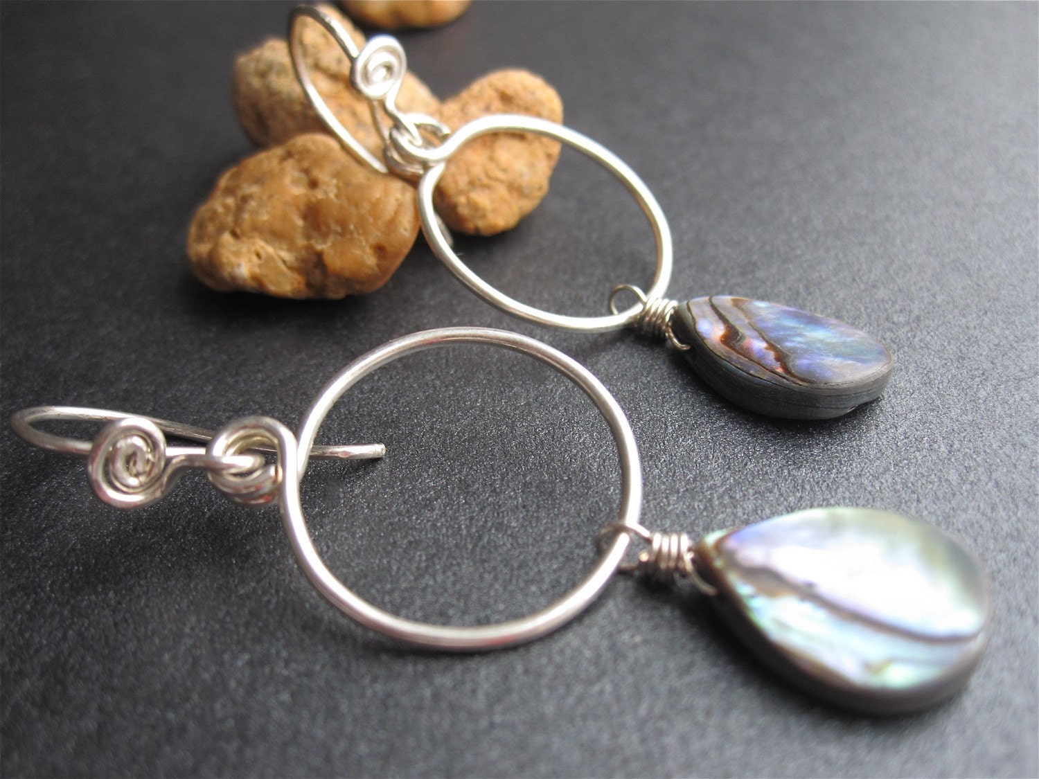 Small Hoop Earrings Abalone Shell Drop Sterling Silver Hoops Stone Charm Stone Dangle French Earwires Blue Green Iridescent