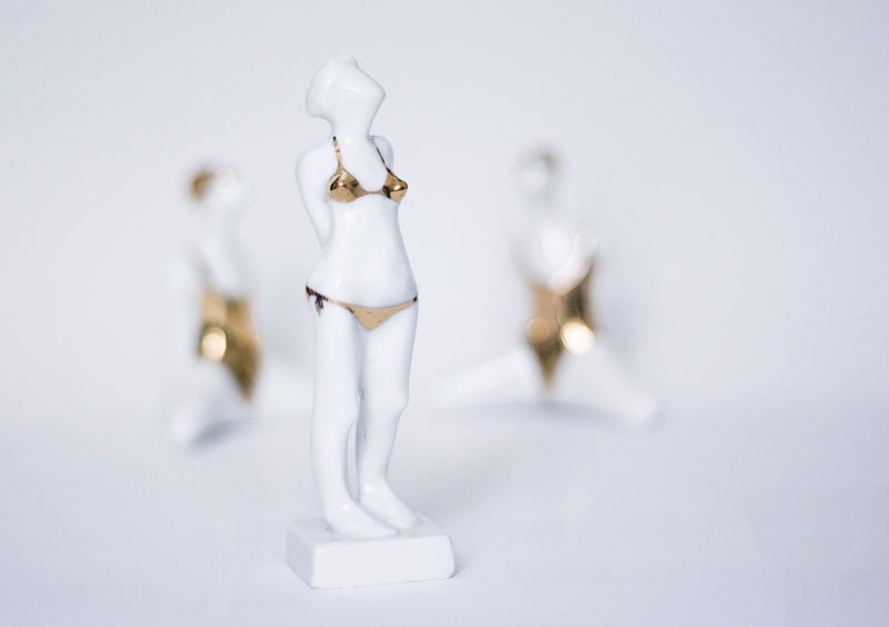 Summer on the beach - Ceramic Porcelain figurine sculpture white with gold bikini by Endesign