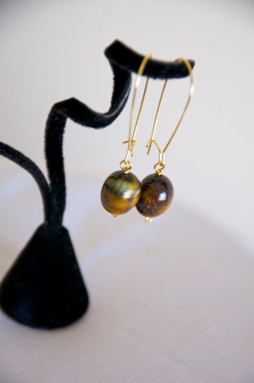 SALE: Long Gold Kidney Earring Prongs with Large Tiger's Eye Beads