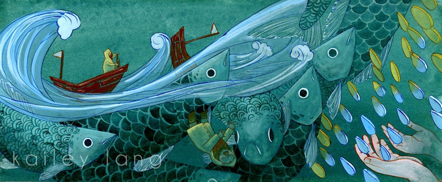 16x6.5" Fisherman Watercolour Gouache Fish Painting Illustration Giclee Art Print