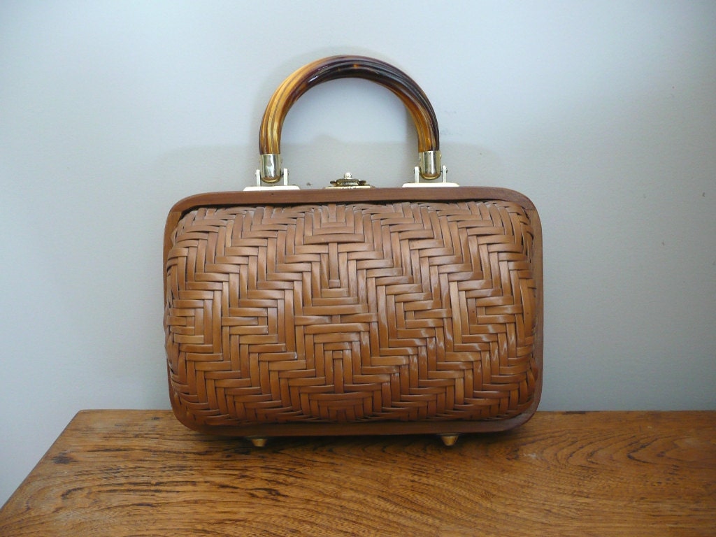 Vintage 1960s Wicker Handbag Lucite Wood