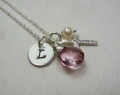 Initial Necklace - Birthstone Cross Personalized Flower Girl Necklace