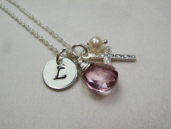 Initial Necklace - Birthstone Cross Personalized Flower Girl Necklace