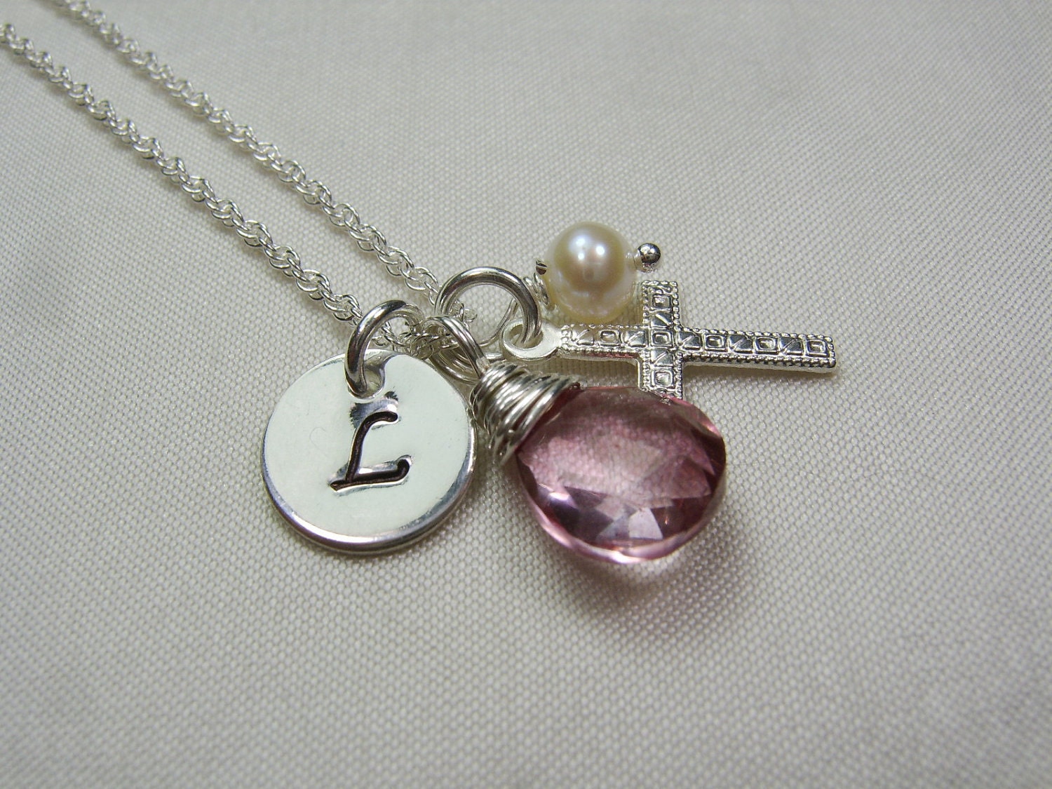 Initial Necklace - Birthstone Cross Personalized Flower Girl Necklace
