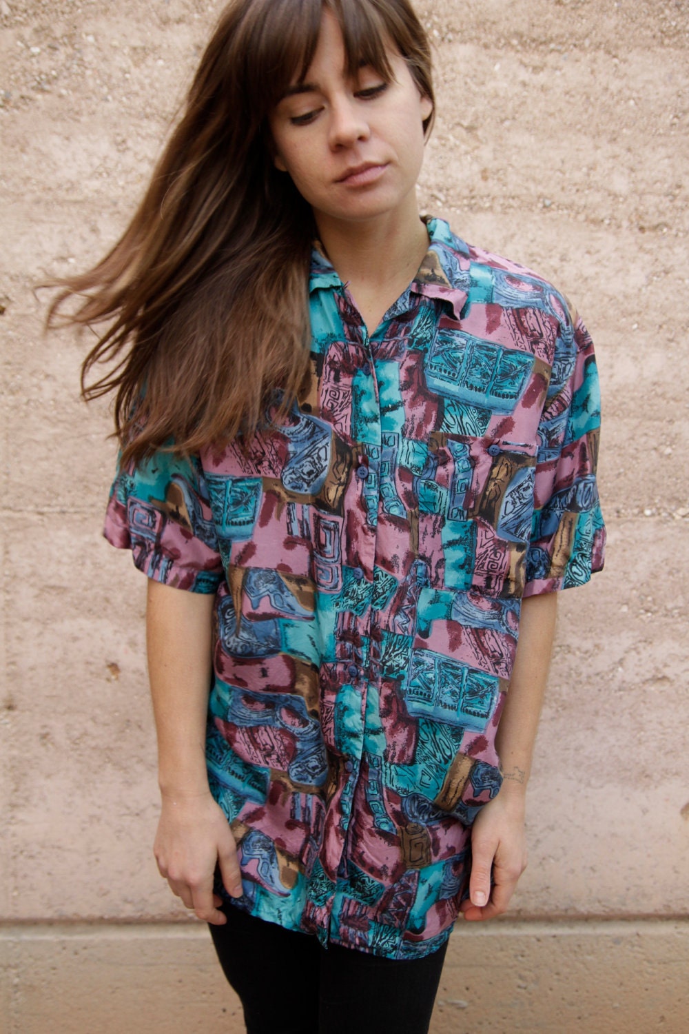 vintage 80s 90s SILK BAROQUE oversize SLOUCHY button abstract top