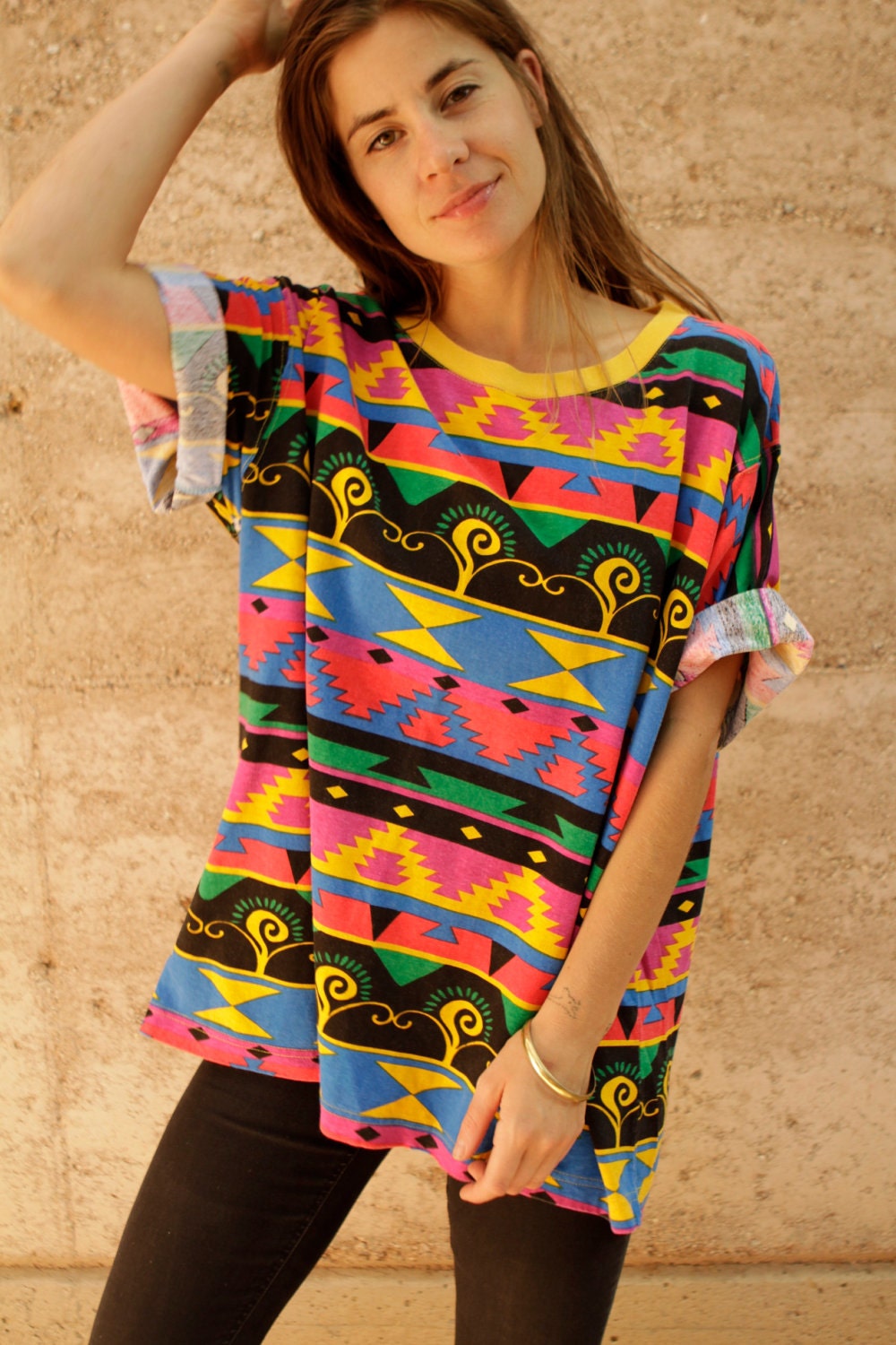 SOUTHWEST 90s bright ikat style SLOUCHY huge oversize t shirt