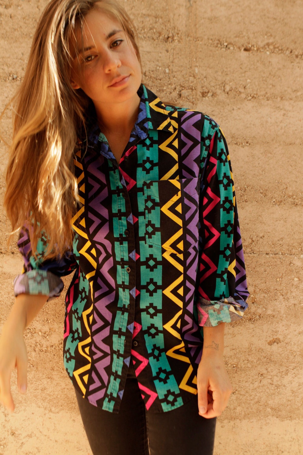 SOUTHWEST 90s bright ikat style SLOUCHY oversize button up
