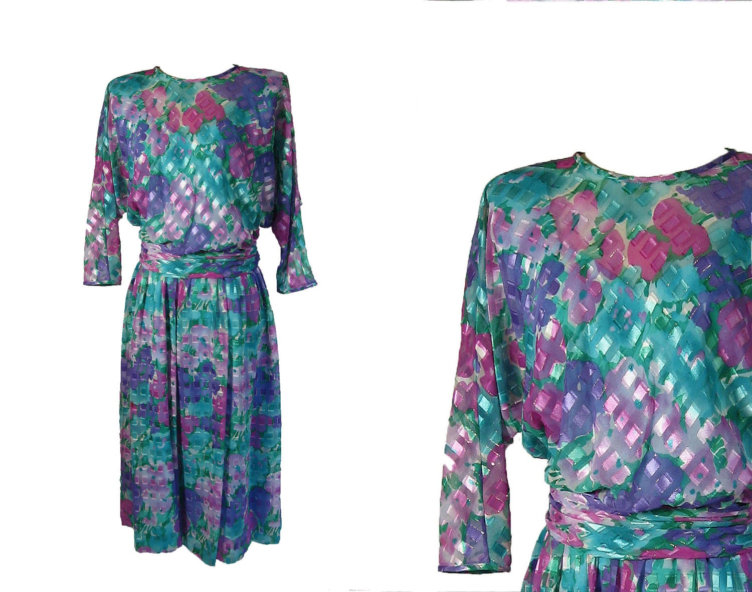 Vintage 1980s Chiffon Overlay Floral Dress by MISS ELLIETTE.