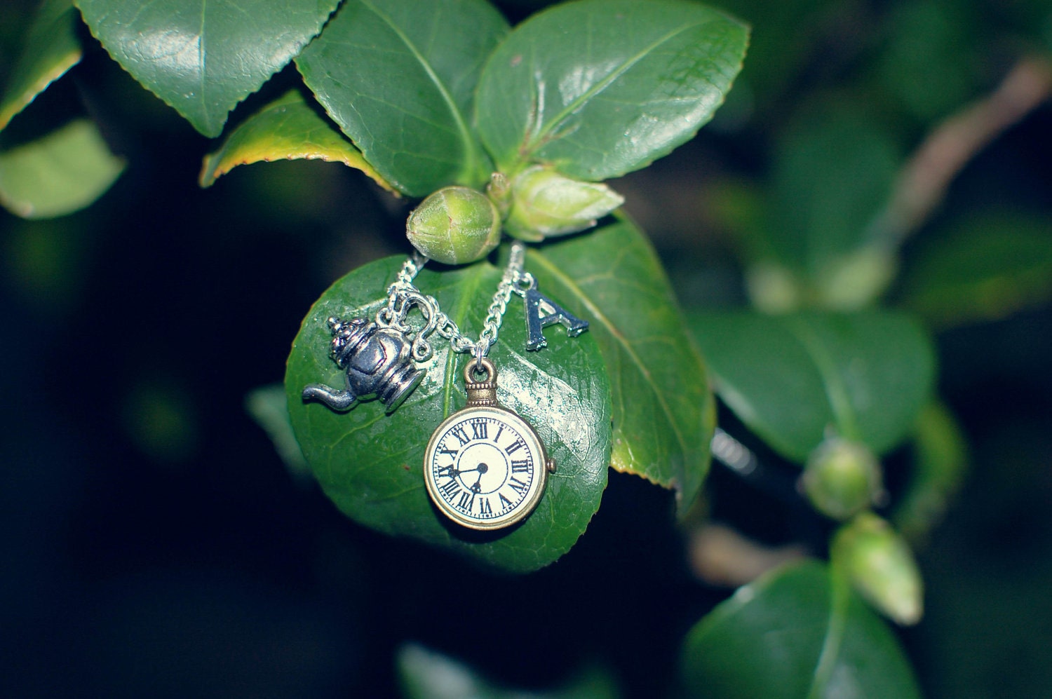 Six impossible things - silver and gold plated clock, teapot and initial necklace by benitablue
