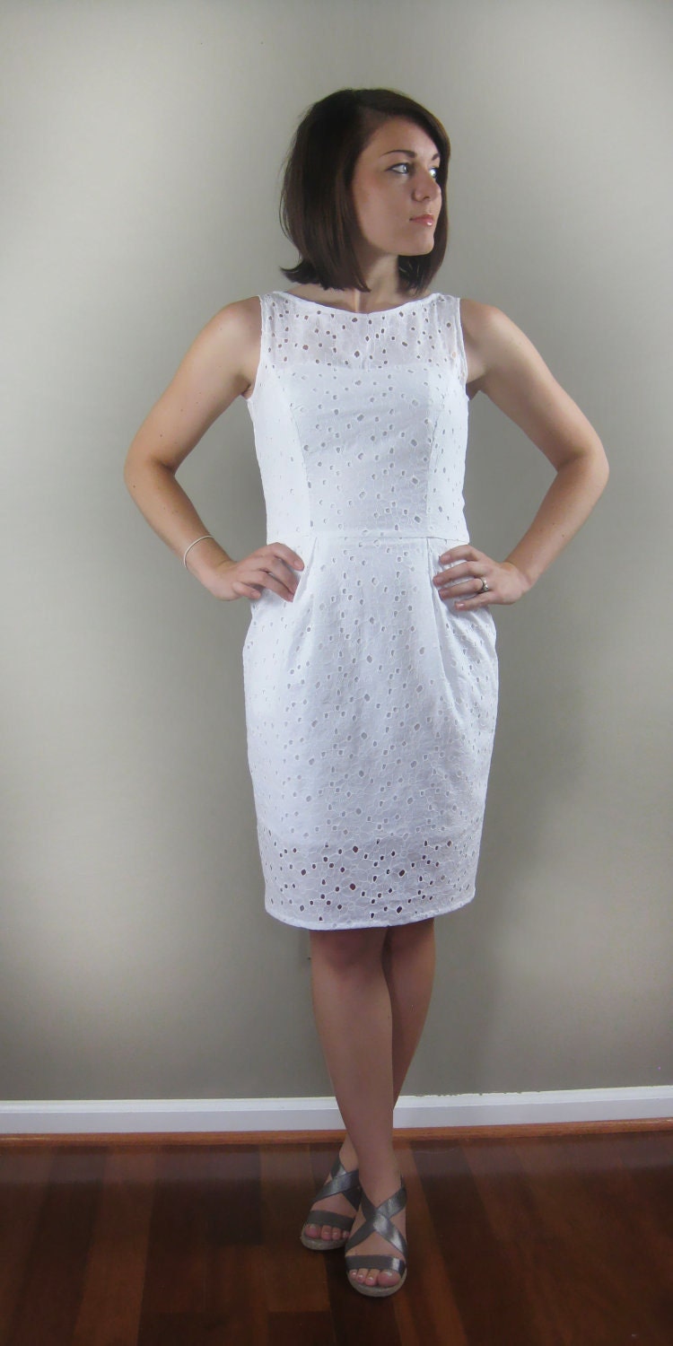 Extra 15% off / Womens White Dress / Floral Eyelet / White Cotton Dress / Sheath Dress / Spring Dress / Elegant Dress / Wedding Dress SALE