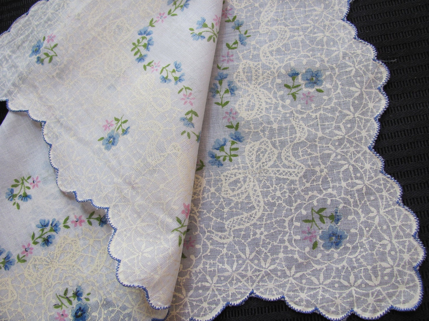 Beautiful White Blue Floral Cotton Hankie Handkerchief - Unused NOS
