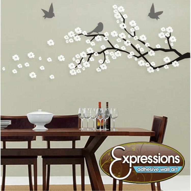 Cherry Blossom Branch with Birds vinyl wall decal, removable matte finish graphics art