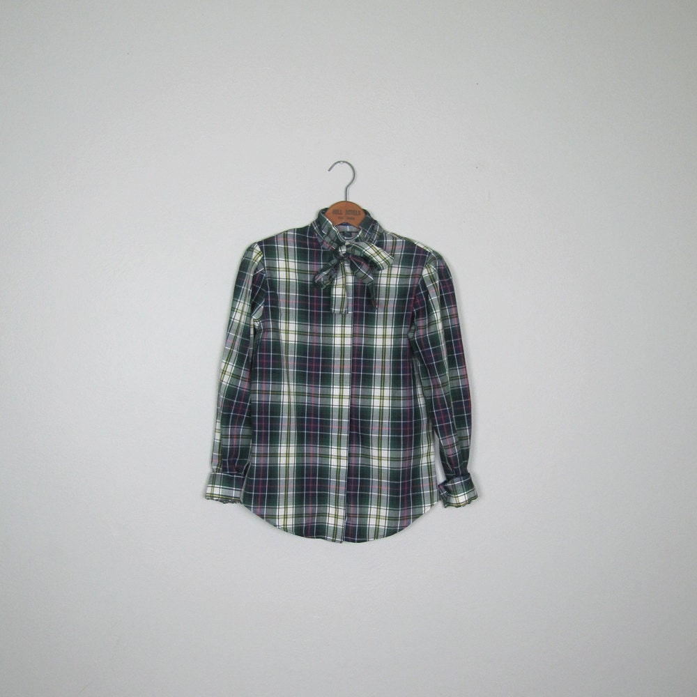 1980s Fitted Preppy Plaid Blouse with Detachable Pussy Bow