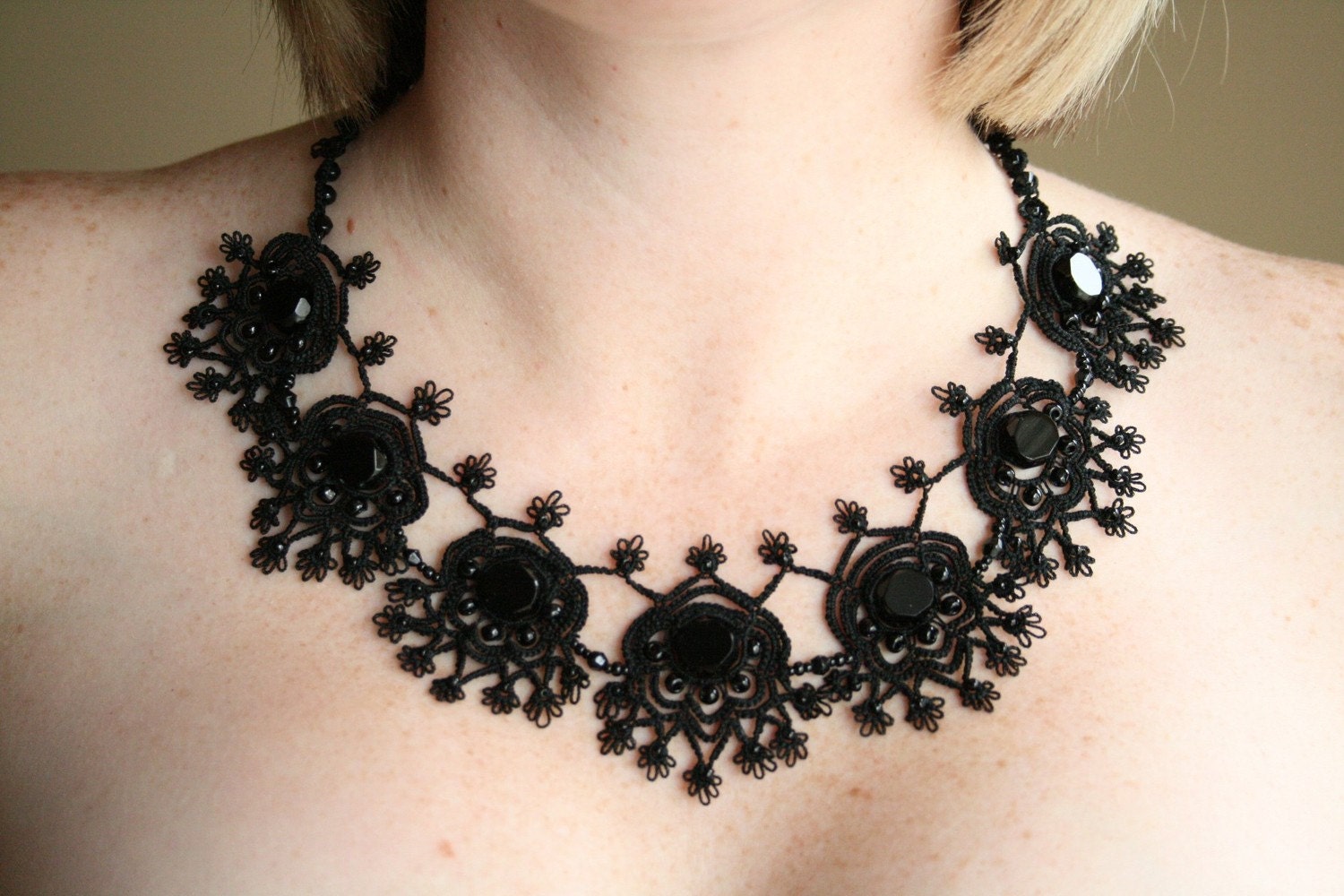 Black Tatted Necklace Beaded Fiber Earring Set
