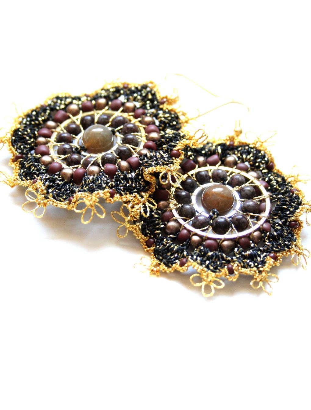 Black Gold Crochet Tatted Beaded Earrings