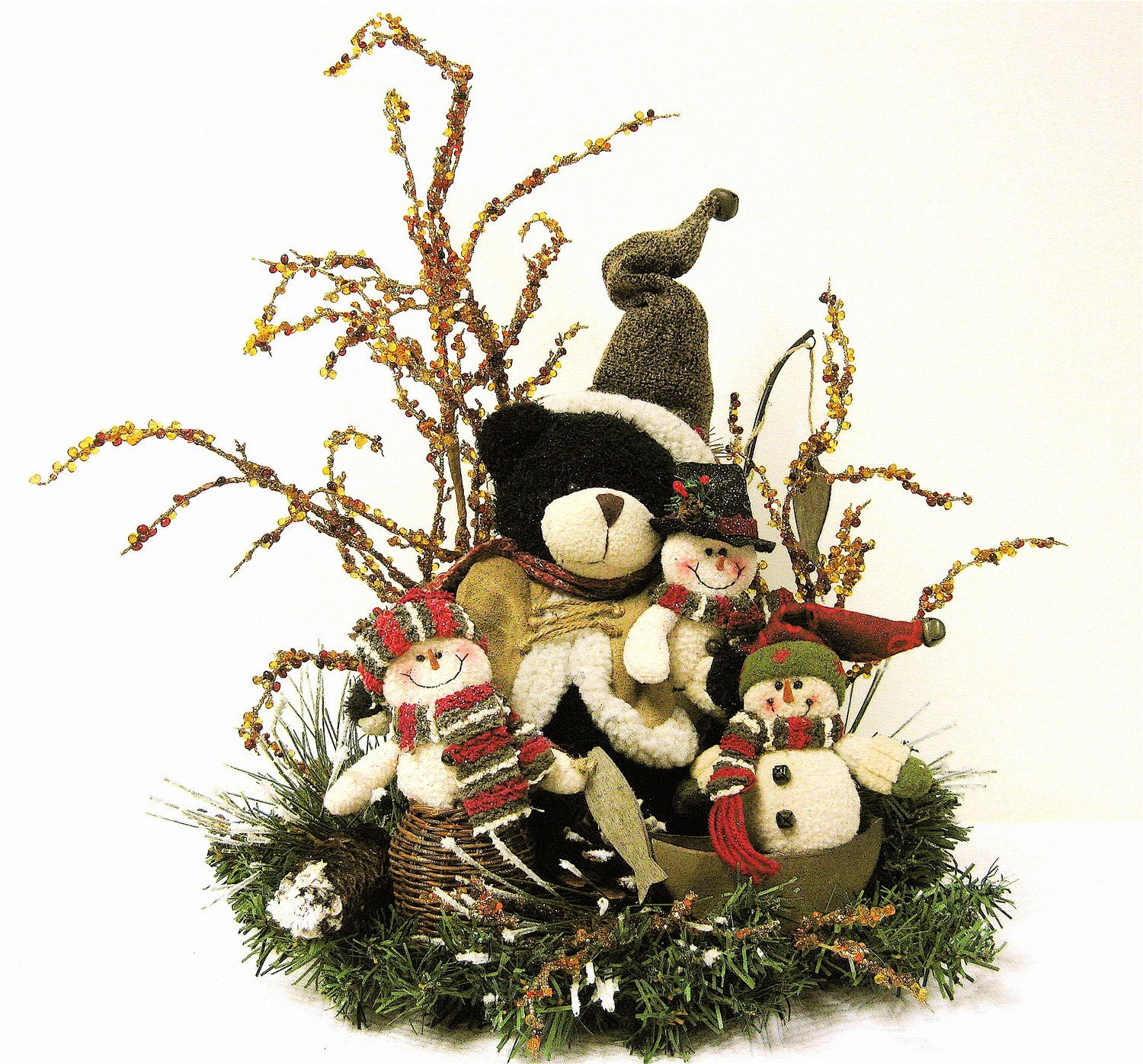 XL Christmas Floral Arrangement Bear and Snowmen Gone Fishing Centerpiece (approximately 17''h x 13''w 8'')