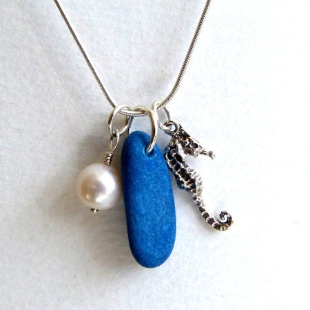 Beach Pottery Necklace with Sterling Silver Seahorse and Swarovski Pearl