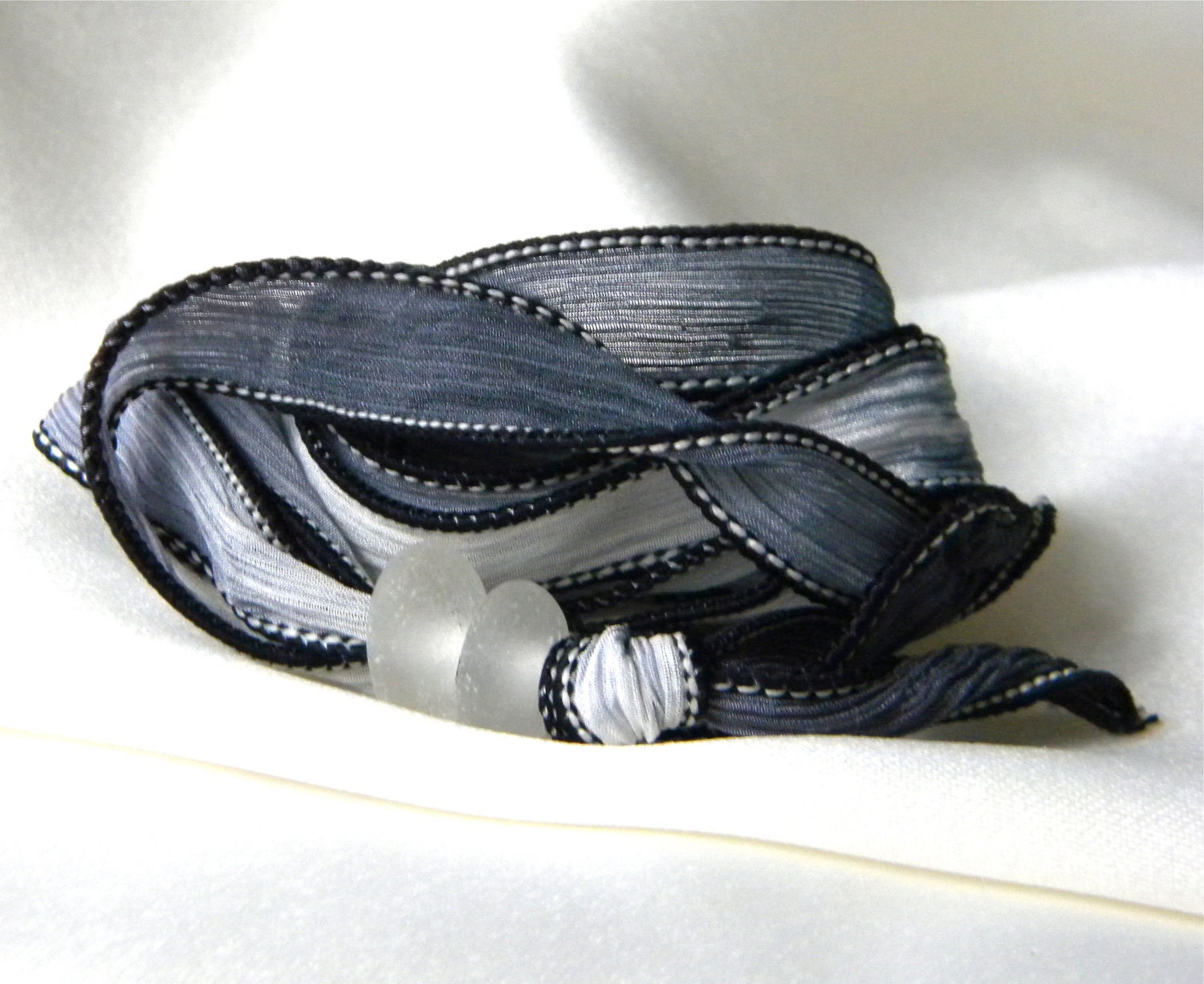 Beach Silk Wrap Black and White Sea Glass Hair Tie, Bracelet, Necklace