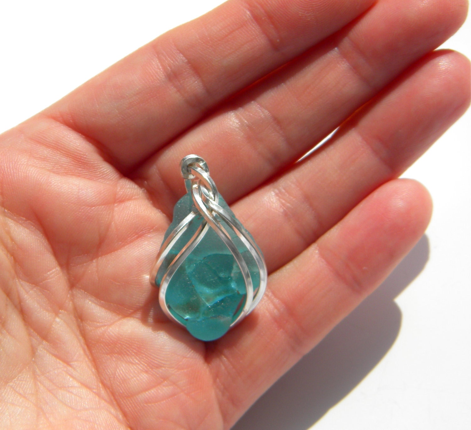 Sea Glass Necklace (930)- RESERVED Frosty Turquoise Crackle Glass in Argentium Silver