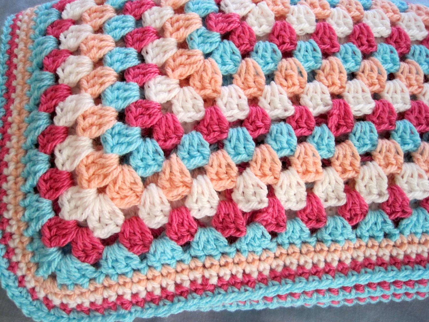 Crochet baby blanket afghan sherbert peach pink white blue girl granny square soft  handmade stroller crib