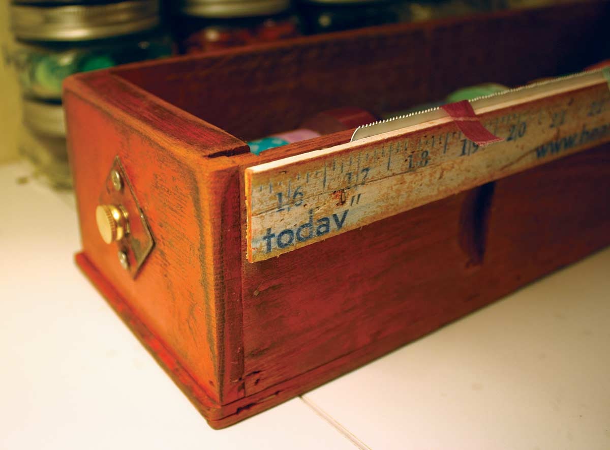 Repurposed Upcycled Wood Sewing Machine Cabinet Drawer Washi Tape Dispenser Box with Yardstick in Barn Red and White