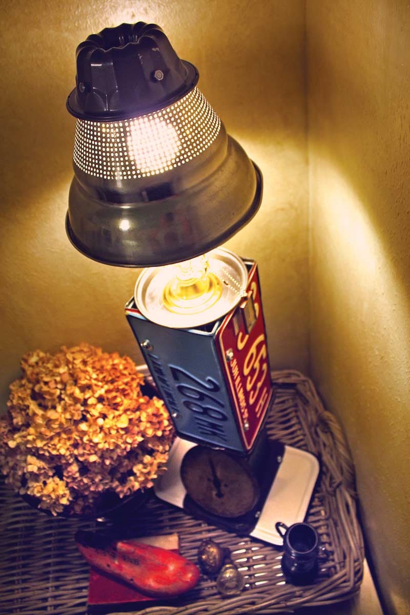 No. 5 Repurposed  Upcycled Lamp with License Plates Kitchen Postal Scale and Strainer Light Fixture of Found Objects