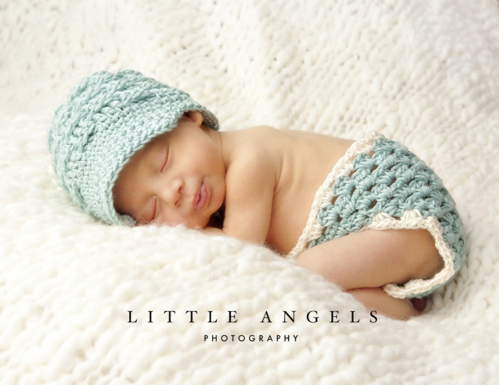 Woven Texture Newsboy Newborn Cap and Diaper Cover Crochet Patterns (516)