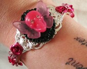 Punk Rock Pink Skull Cameo Cuff Bracelet with Aluminum Roses and Rhinestone Accents