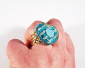 Glitter Heart Ring Teal and Silver Stripes on Gold Base