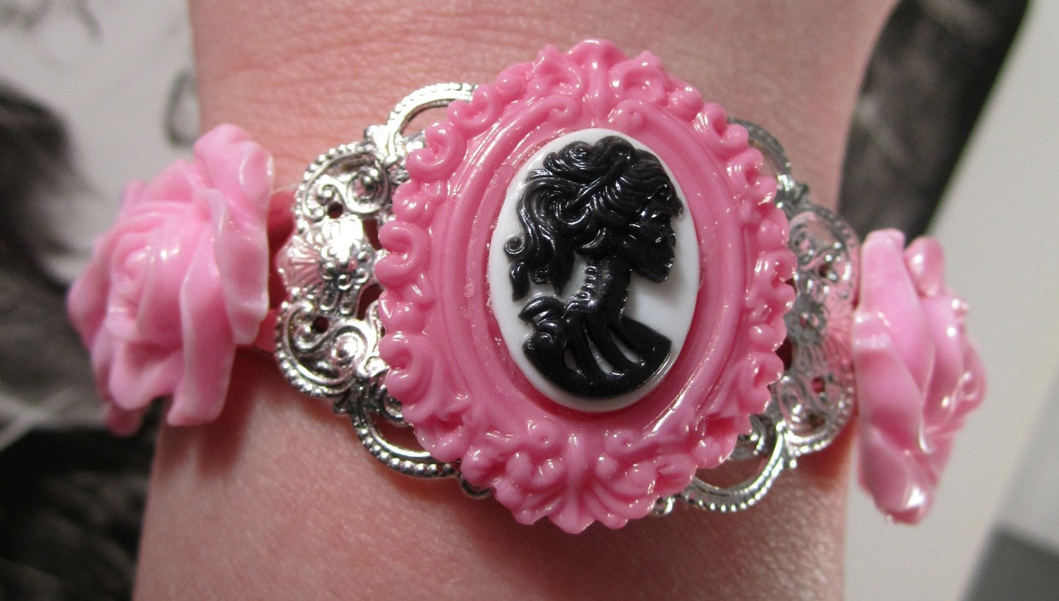 Pink Skeleton Goddess Cameo Silver Filigree Cuff Bracelet with Matching Roses