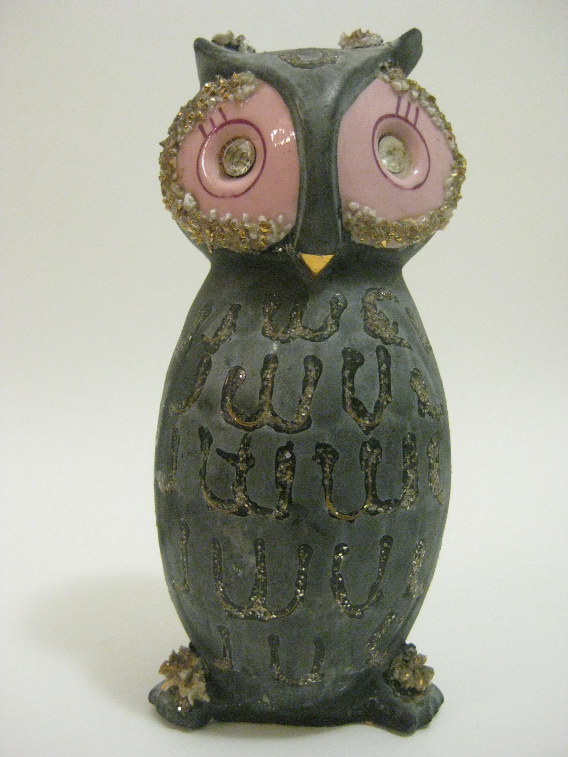 Lefton Charcoal Gray & Pink Spaghetti OWL Bank with Big Rhineston Eyes