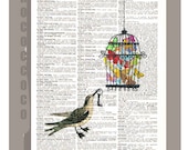 Bird Releases the Butterflies - Butterflies cage ORIGINAL ARTWORK printed on Repurposed Vintage Dictionary page 8 x 10 -Upcycled Book Print
