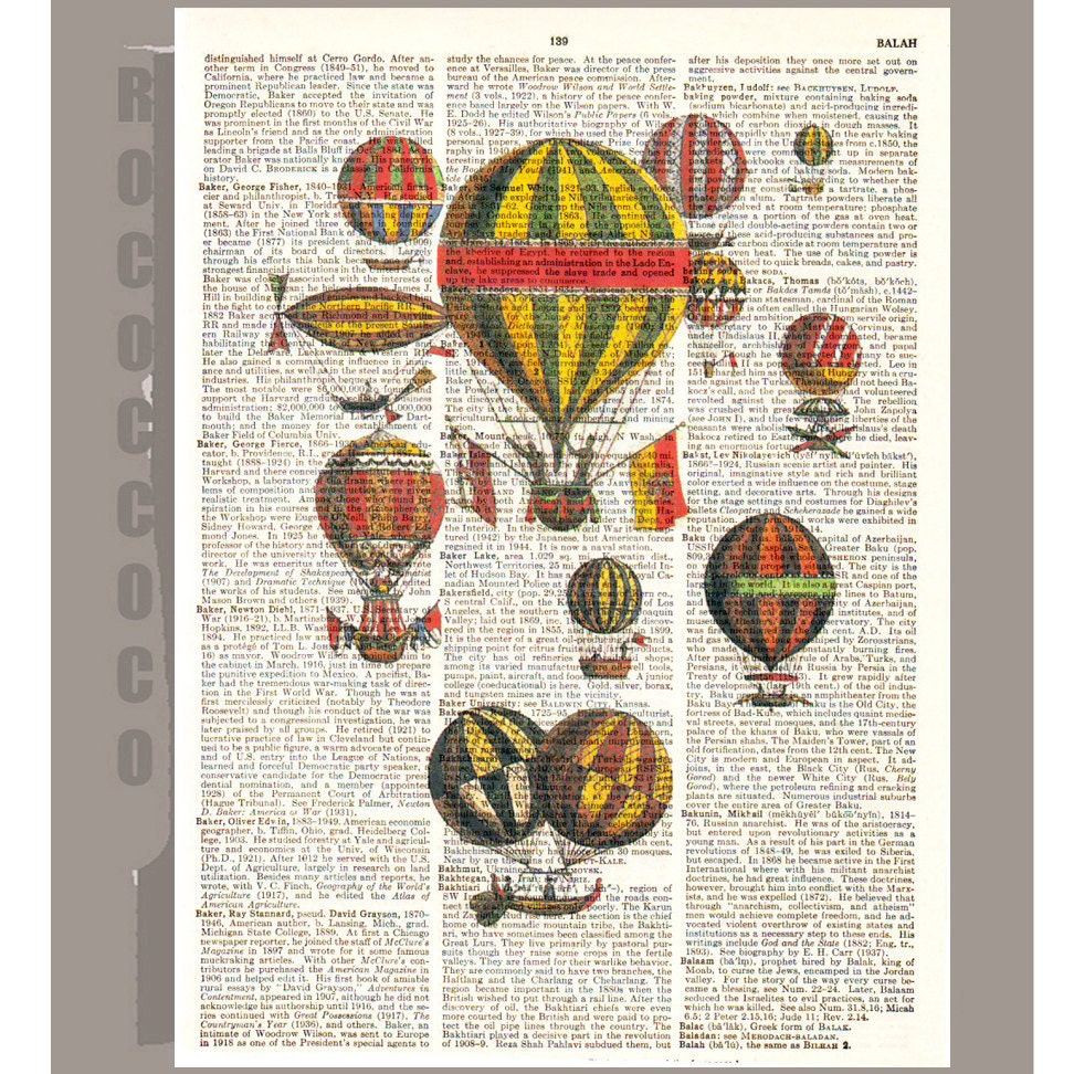 Vintage Air BALLOONS2 on a Vintage Dictionary page 8x10 -Upcycled Book Print