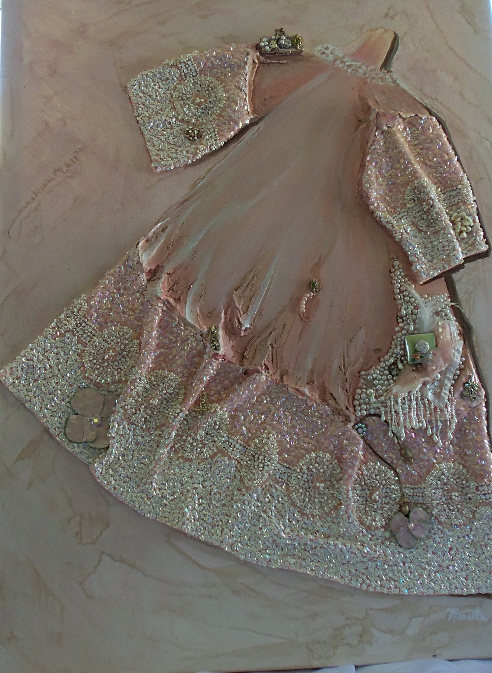 Pink Dress Painting, Textured acrylic art, original 3d mixed media, vintage dress painting - Saras pink dress, LAYAWAY plans
