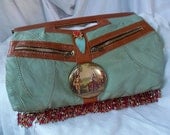 Large leather clutch, soft blue purse with paprika trim, Boho Victorian handbag, vintage compact mirror on front, LAYAWAY PLANS
