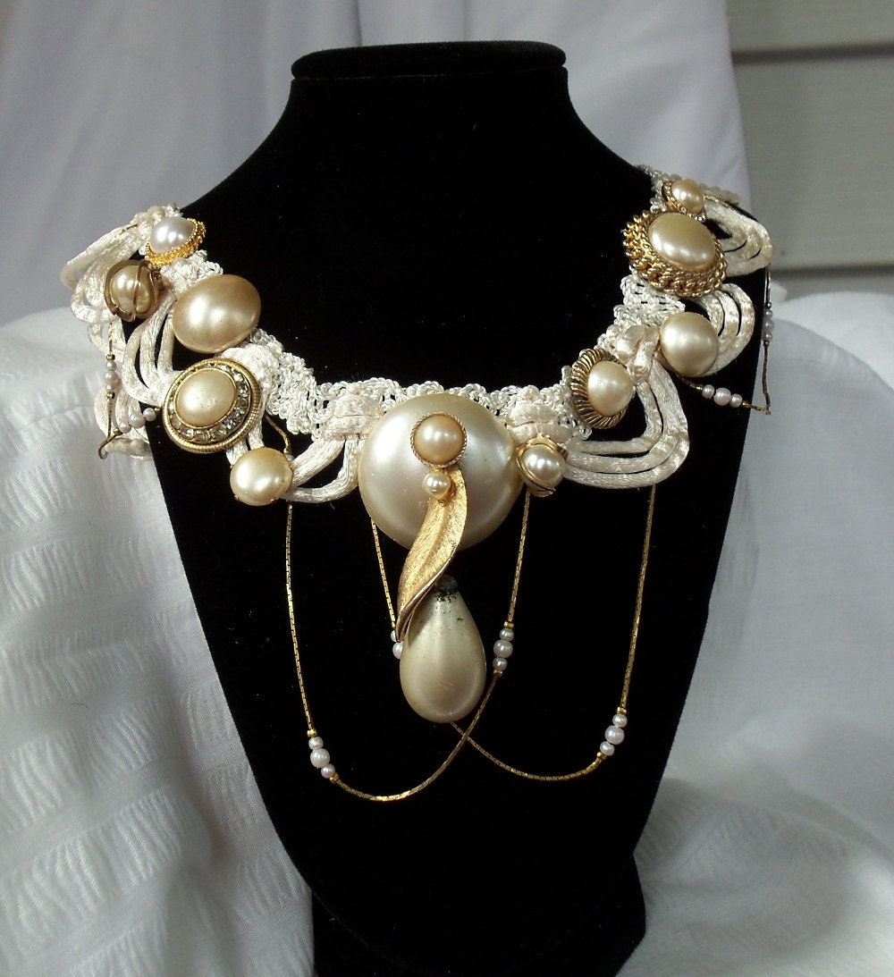 Pearl wedding necklace, Elegant formal choker, Ivory and white silk neck piece, beaded swags.