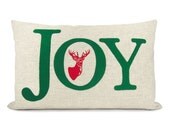 Felt Christmas pillow cover, Holiday decoration - Green JOY word applique and red reindeer print on natural linen - 12x18 lumbar pillow case - ClassicByNature