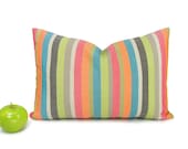 Modern outdoor pillow cover - Orange, fuchsia, green, gray, turquoise and black striped outdoor cushion cover - 12x18 lumbar pillow cover