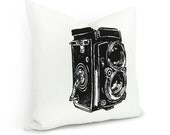 Camera pillow cover - Black antique camera print on white cotton canvas pillow case - 16x16 decorative pillow cover - ClassicByNature