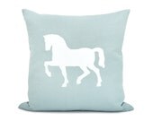 Aquamarine blue and white horse pillow cover - 16x16 decorative throw pillow cover - Shabby chic - Cape cod home decor