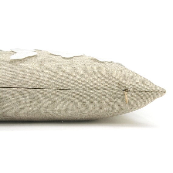 Growing butterflies pillow case - White felt butterfly appliques on natural beige canvas accent pillow cover - 12x18 pillow cover