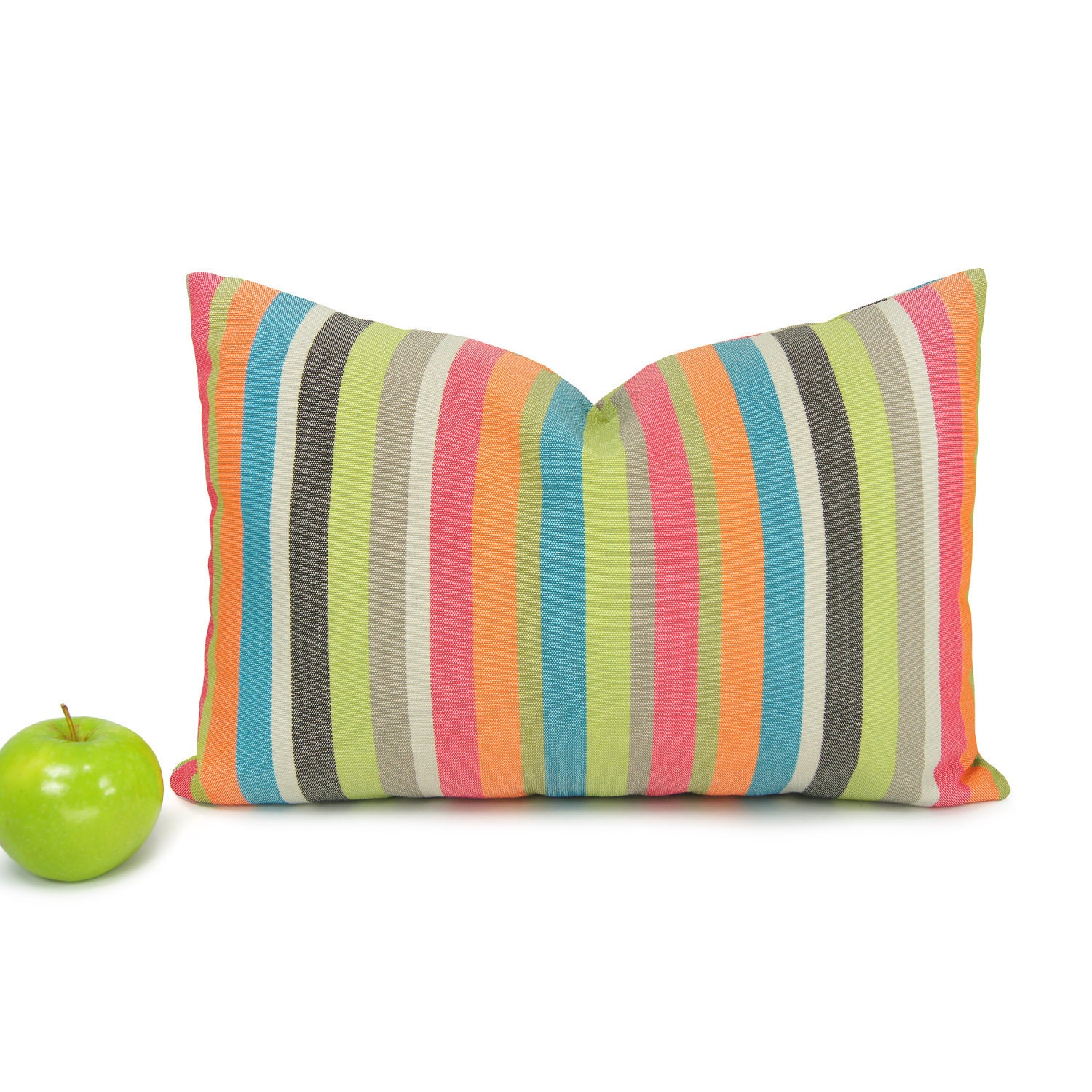 Modern outdoor pillow cover - Orange, fuchsia, green, gray, turquoise and black striped outdoor cushion cover - 12x18 lumbar pillow cover