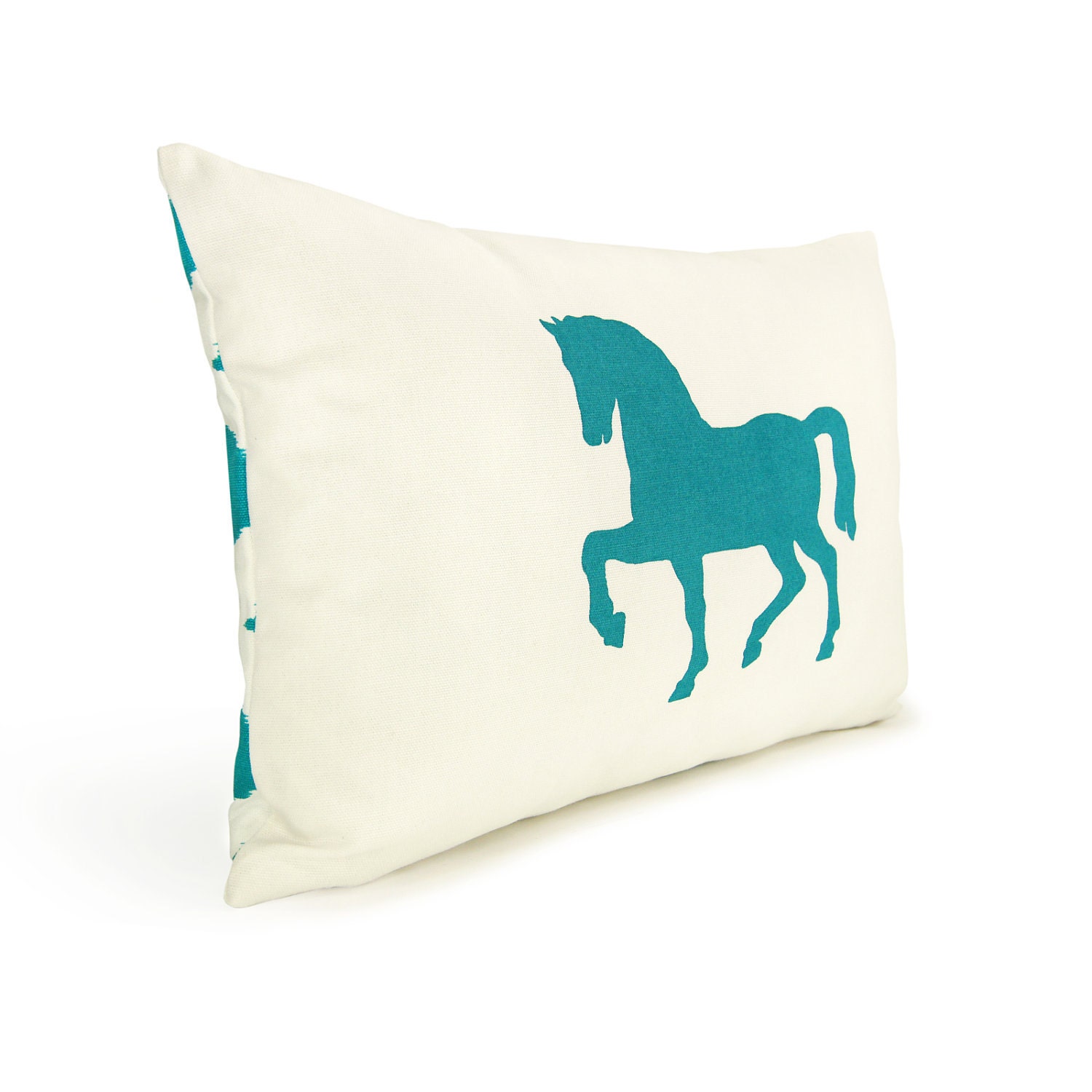 12x18 turquoise and white pillow cover - Ikat backing - Decorative throw pillow cover - Horse pillow cover - Tribal home decor